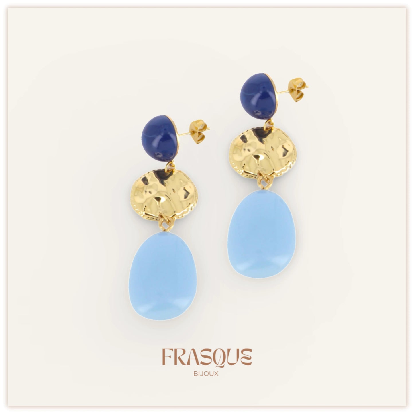 Boucles d'oreilles pièces martelées et pierres bleues - acier inoxydable - Zoé Frasque Bijoux