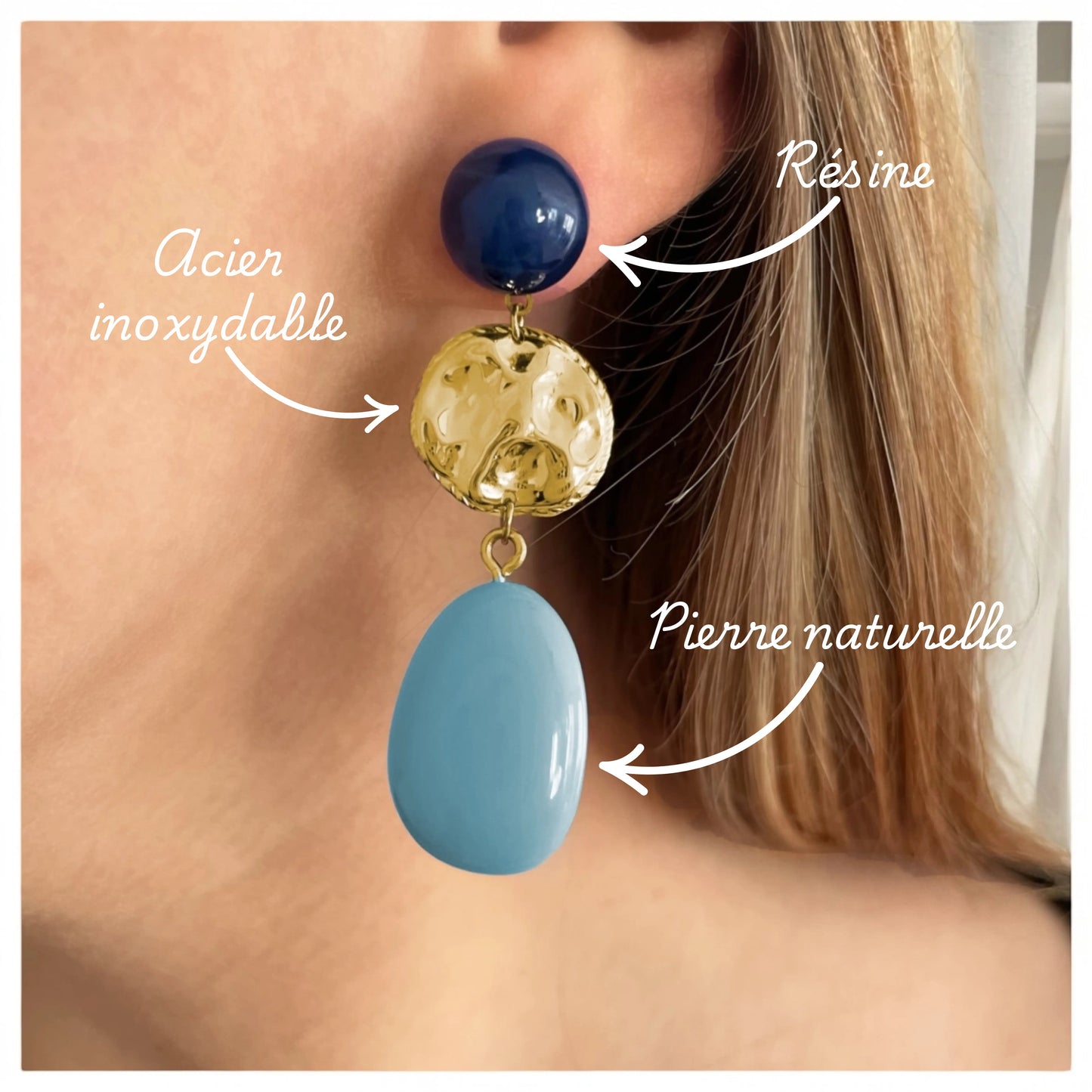 Boucles d'oreilles pièces martelées et pierres bleues - acier inoxydable - Zoé Frasque Bijoux