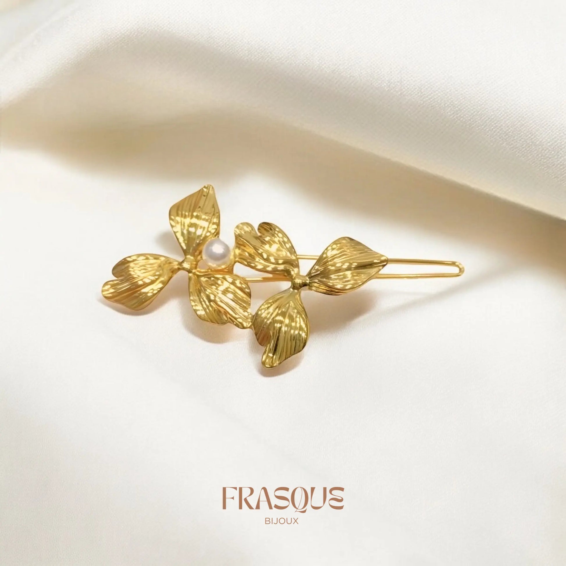 Barrette cheveux dorée fleurie et perle - acier inoxydable - Olympe Frasque Bijoux