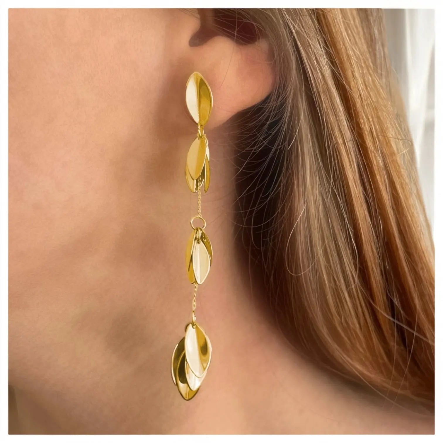 Boucles d'oreilles chaine pendante et feuillage - acier inoxydable - Hortense Frasque Bijoux