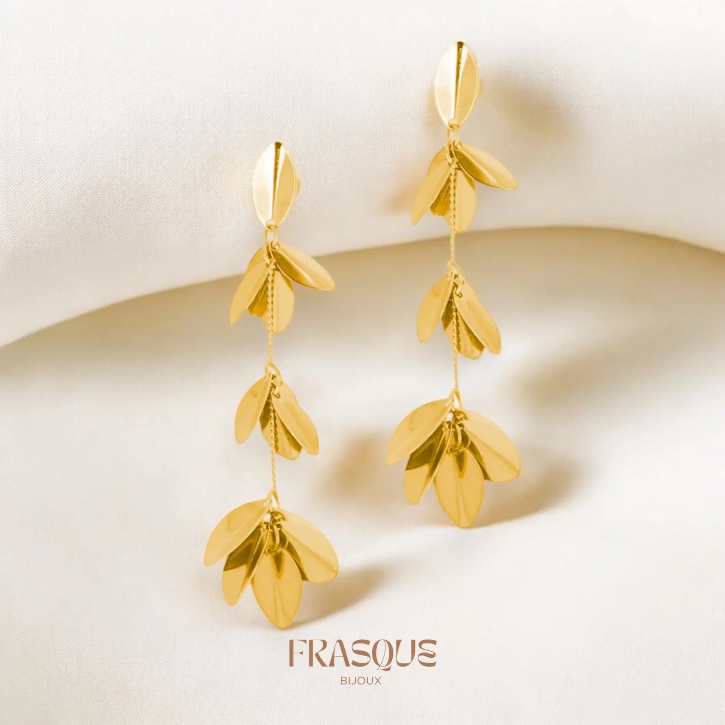 Boucles d'oreilles chaine pendante et feuillage - acier inoxydable - Hortense Frasque Bijoux