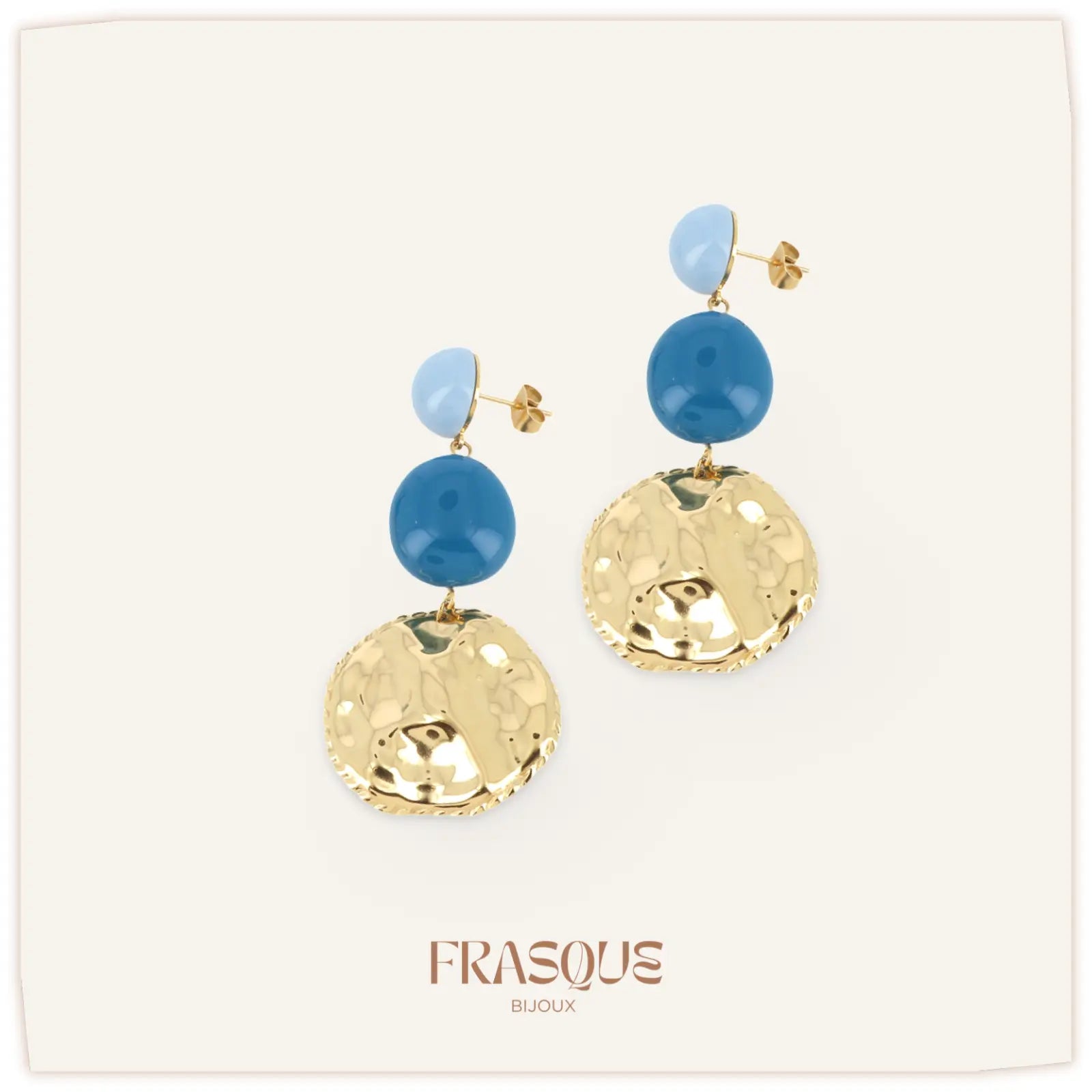 Boucles d'oreilles dorées pendantes à pierres bleues - acier inoxydable - Cléo Frasque Bijoux