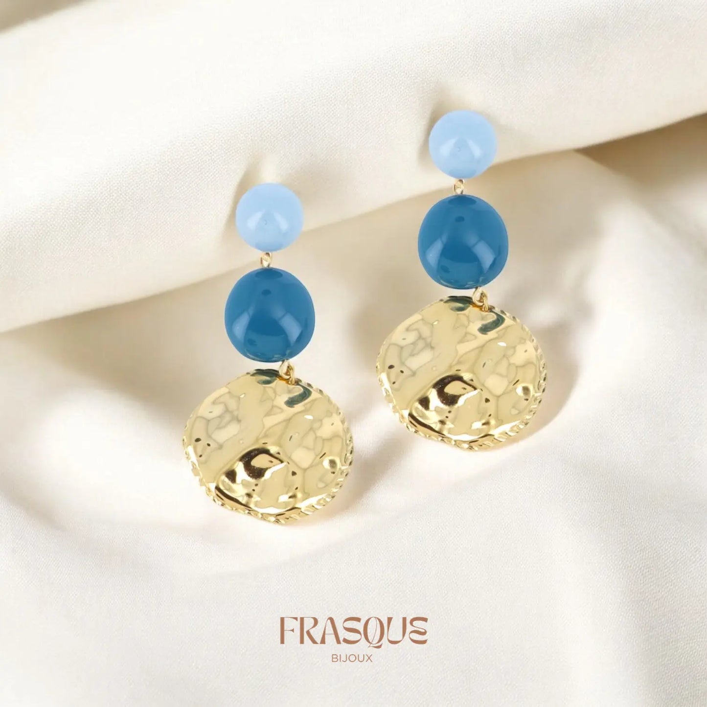 Boucles d'oreilles dorées pendantes à pierres bleues - acier inoxydable - Cléo Frasque Bijoux