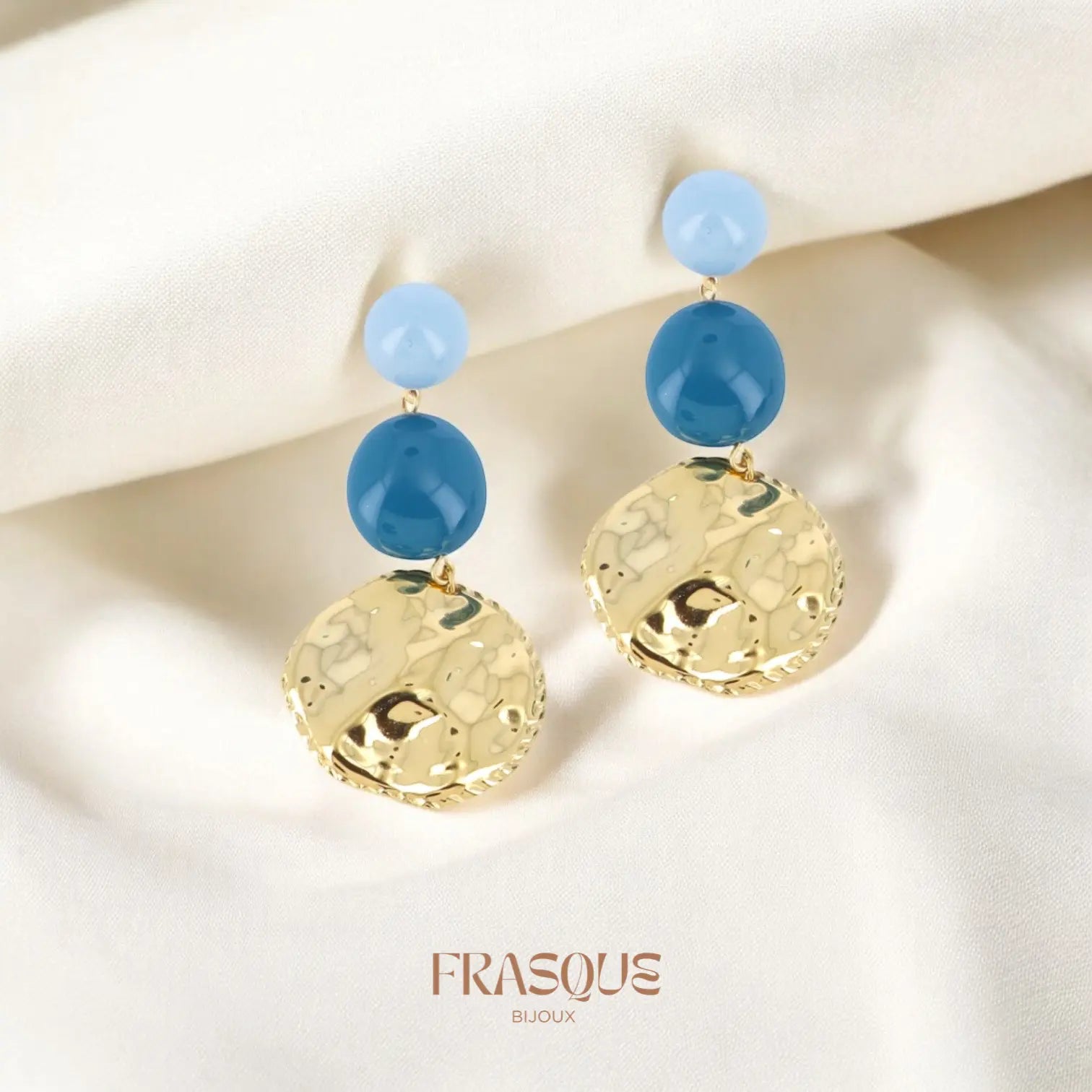 Boucles d'oreilles dorées pendantes à pierres bleues - acier inoxydable - Cléo Frasque Bijoux