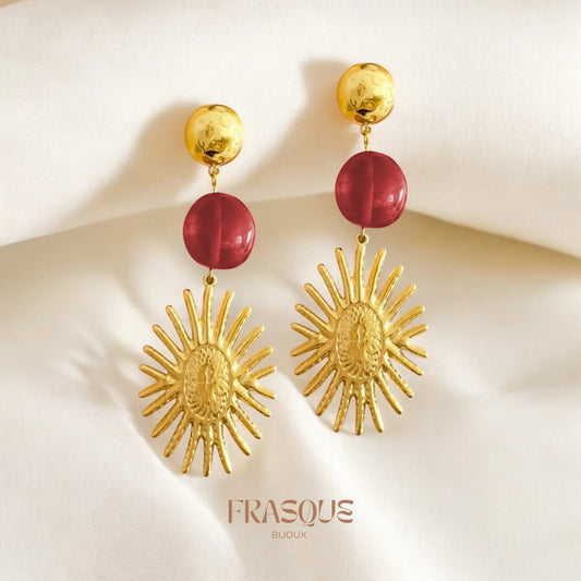 Boucles d'oreilles soleils martelés et perles rouges - acier inoxydable - Juliette Frasque Bijoux