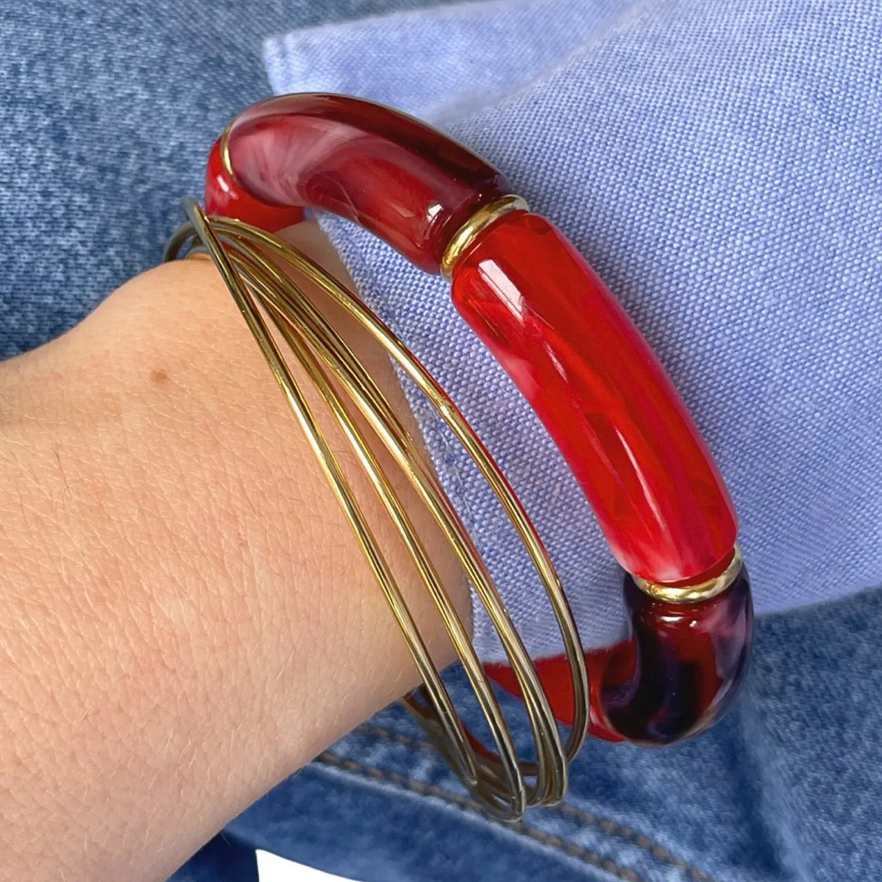 Bracelet perles tubes rouges et doré - Frasque Bijoux
