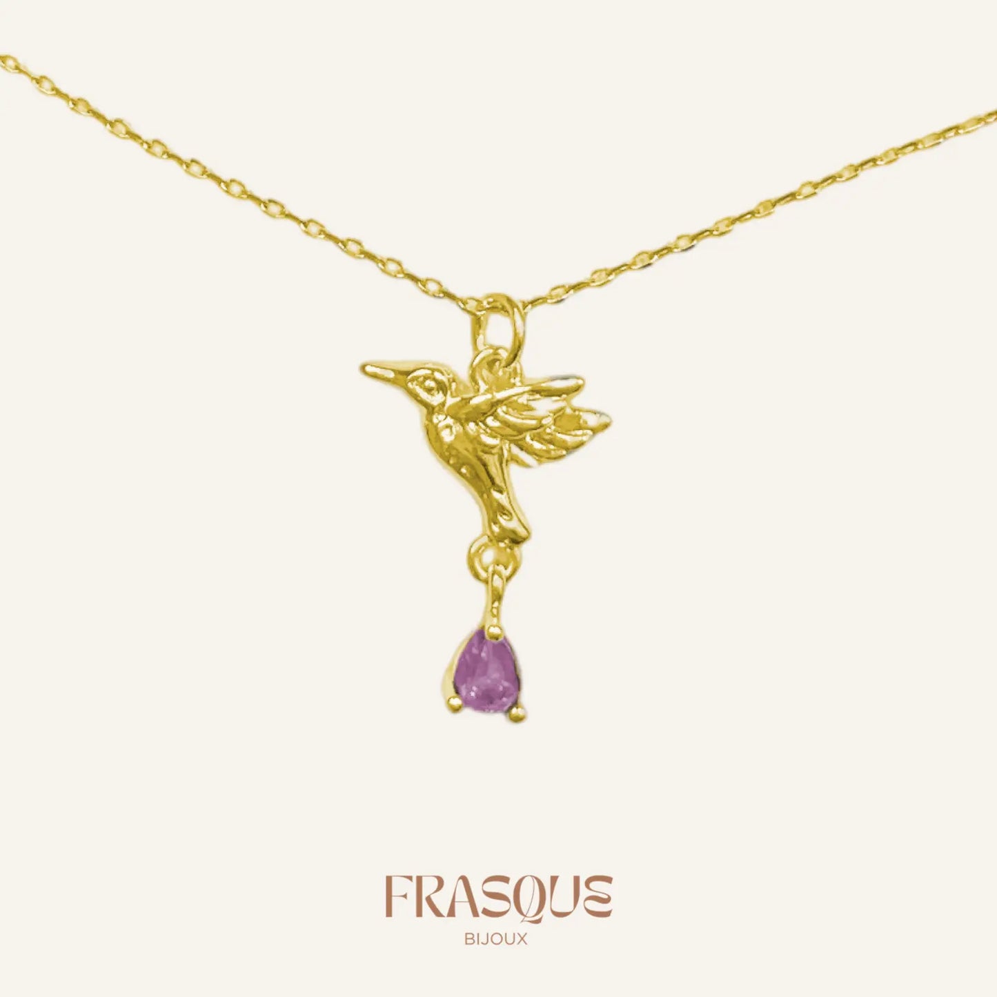 Collier à chaîne fine et pendentif oiseau à cristal violet Frasque Bijoux