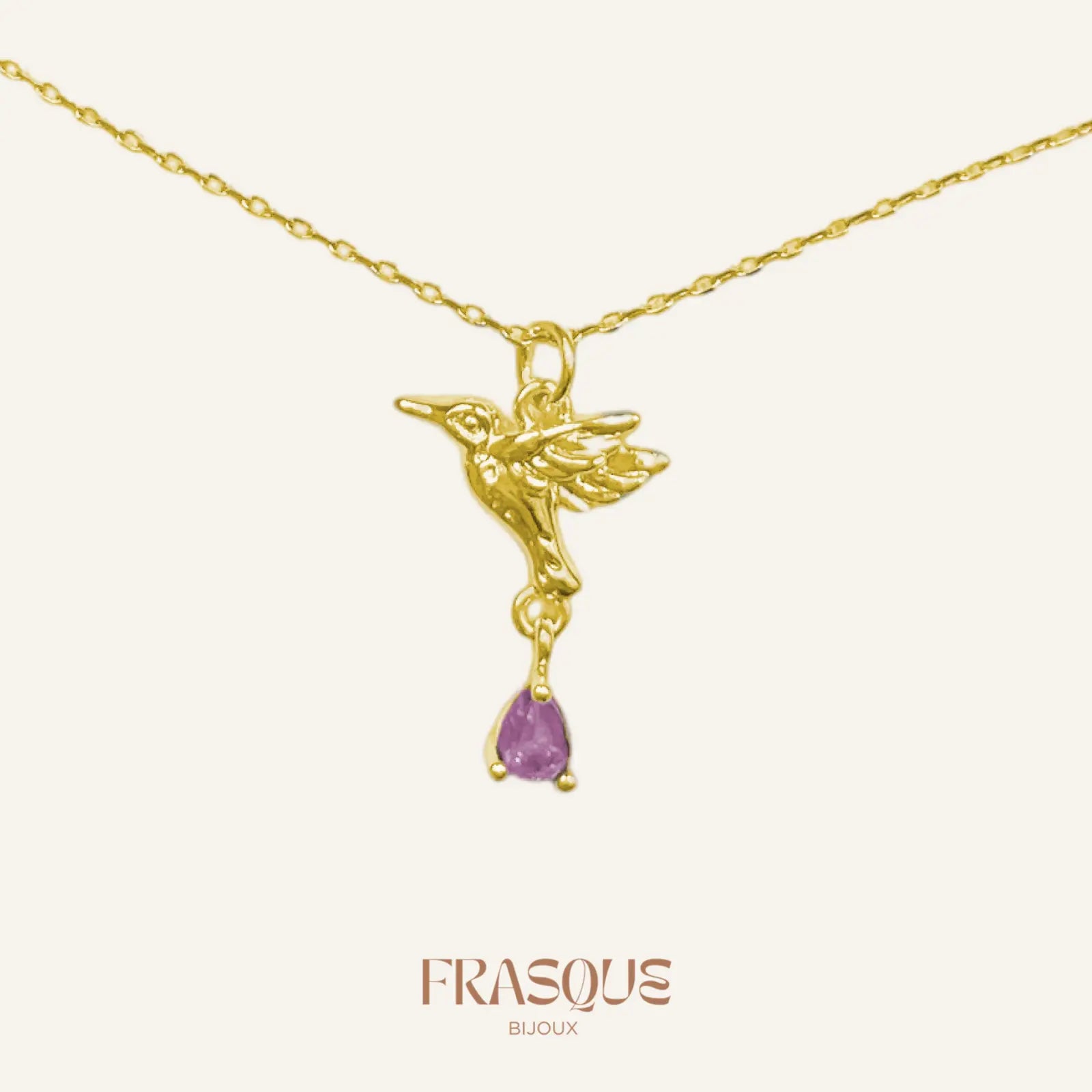 Collier à chaîne fine et pendentif oiseau à cristal violet Frasque Bijoux