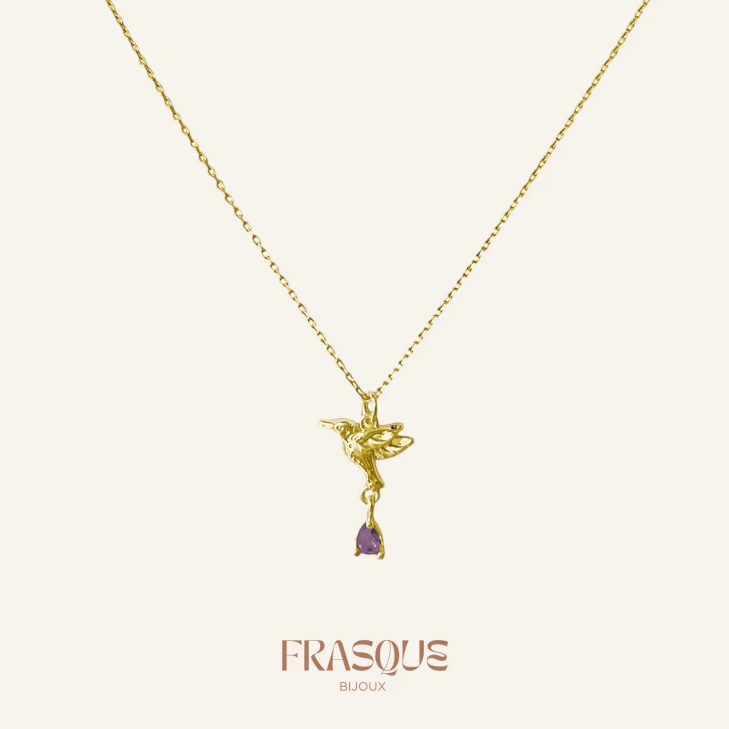 Collier à chaîne fine et pendentif oiseau à cristal violet Frasque Bijoux