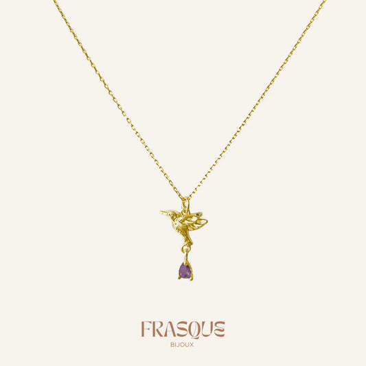 Collier à chaîne fine et pendentif oiseau à cristal violet Frasque Bijoux