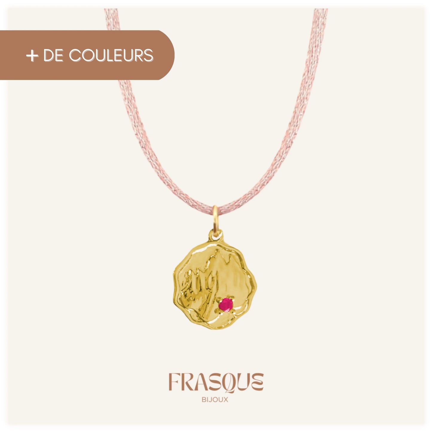 Collier cordon brillant et médaillon à pierre rose - Mystérieuse Frasque Bijoux