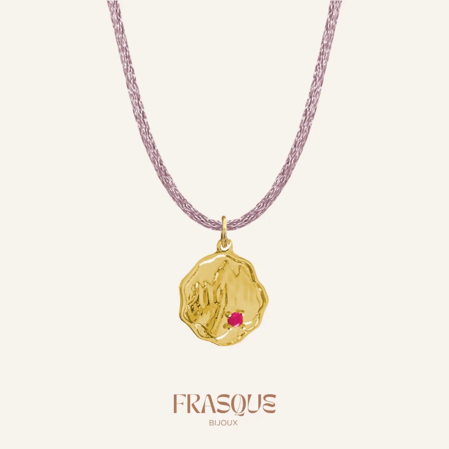 Collier cordon brillant et médaillon à pierre rose - Mystérieuse Frasque Bijoux