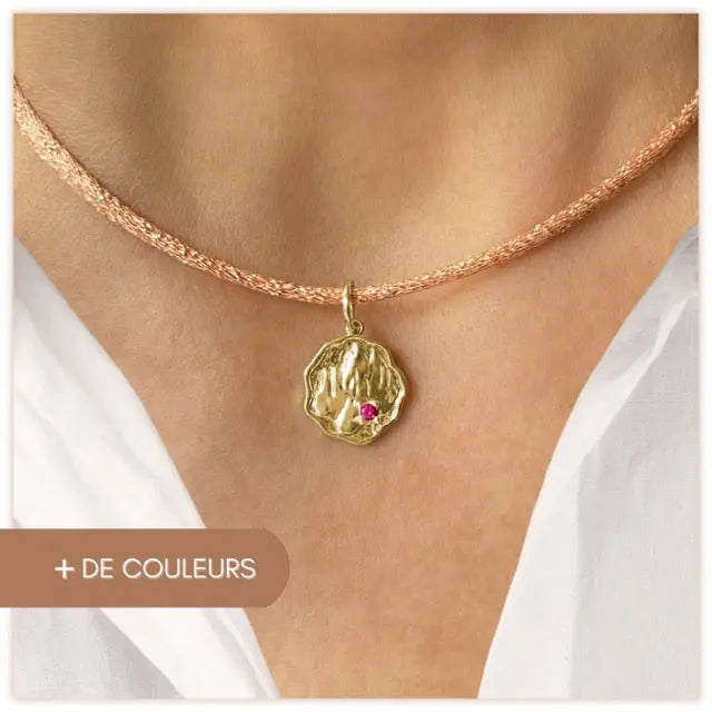 Collier cordon brillant et médaillon à pierre rose - Mystérieuse Frasque Bijoux