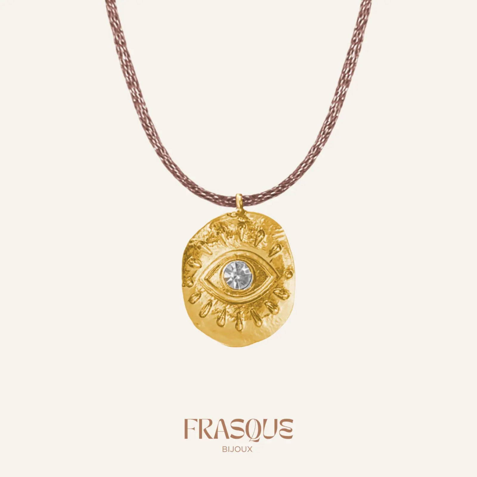 Collier cordon fin brillant et médaillon oeil doré - Radieuse Frasque Bijoux