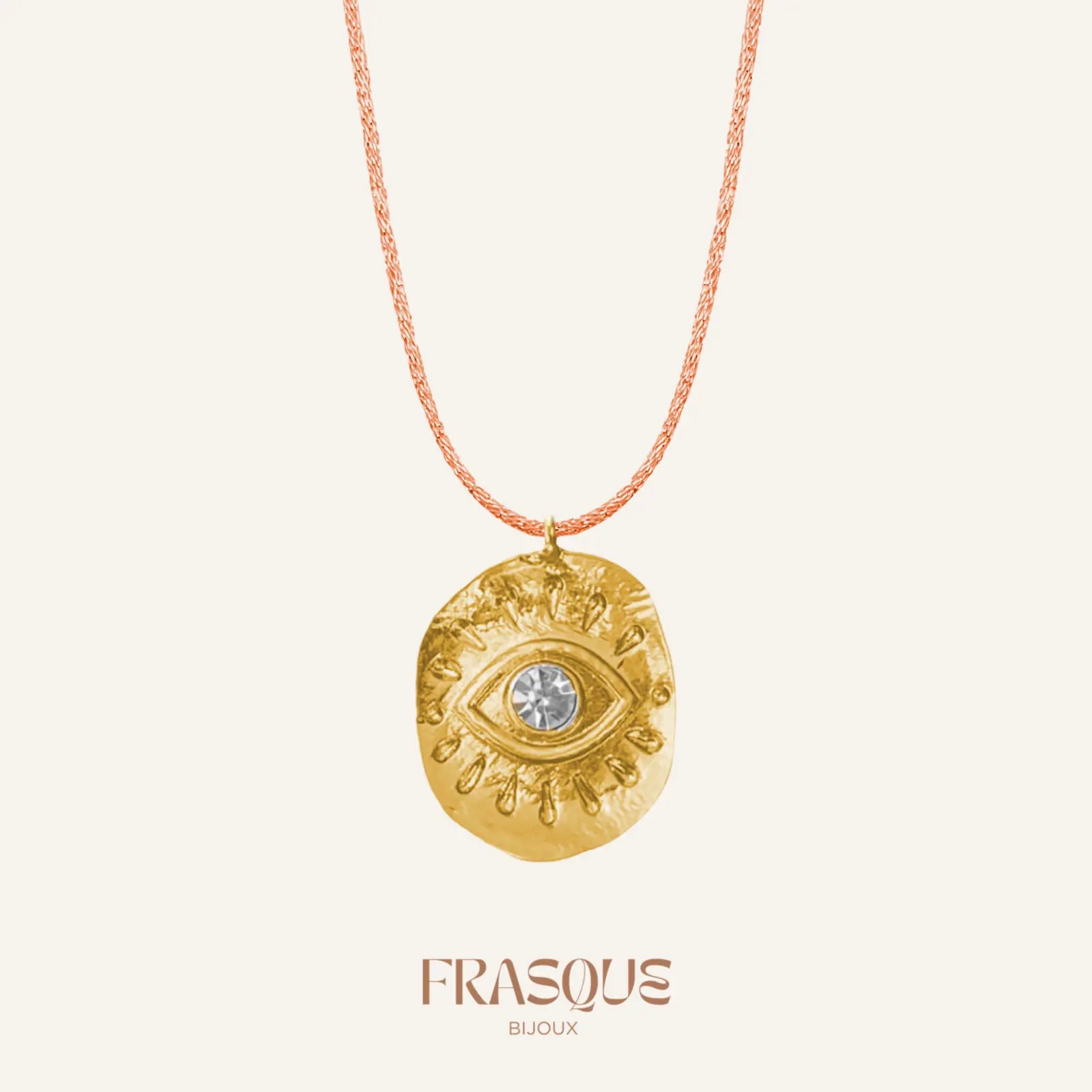 Collier cordon fin brillant et médaillon oeil doré - Radieuse Frasque Bijoux